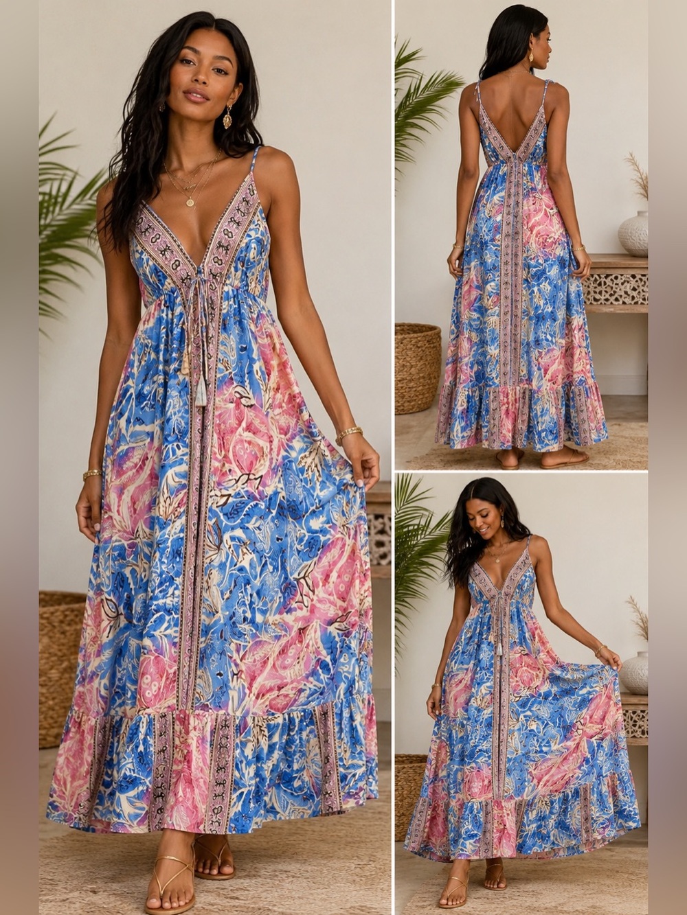 Made in India Silk Boho V-Neck Maxi Dress - Blue & Pink Floral